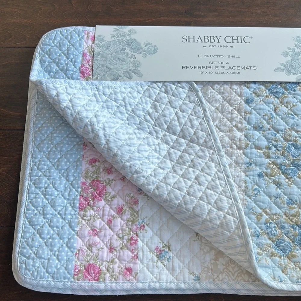 Shabby Chic 4 Scalloped Edged Quilted Placemats New Floral Roses Striped